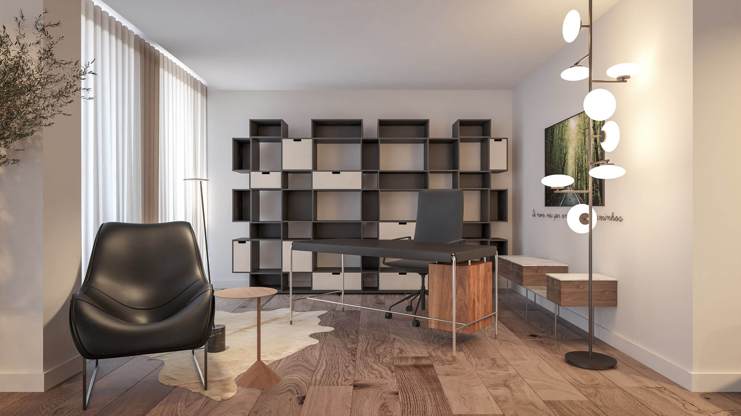 Escritório em casa com estante modular em metal grafite, secretária de couro e cadeirão preto — design de interiores de luxo Lisboa