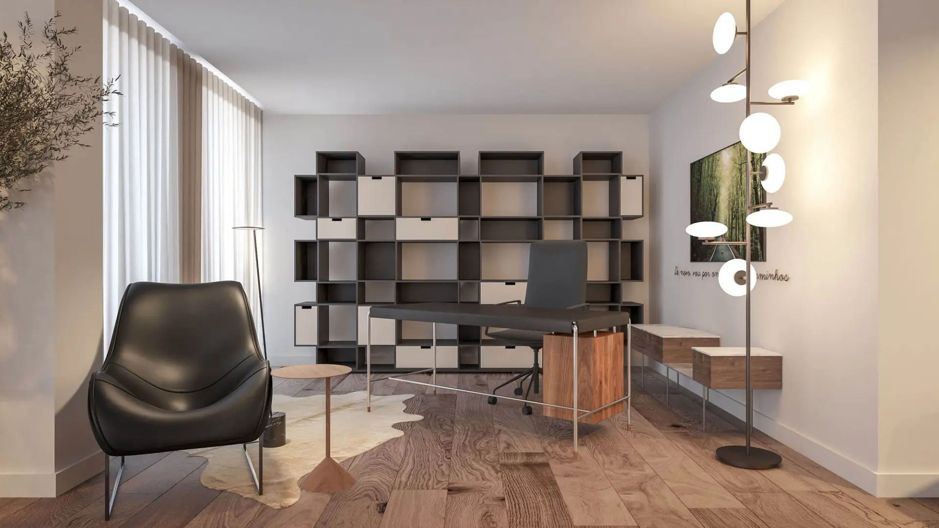 Home office with graphite metal modular shelving, leather-top desk and black leather armchair — luxury interior design Lisbon Portugal