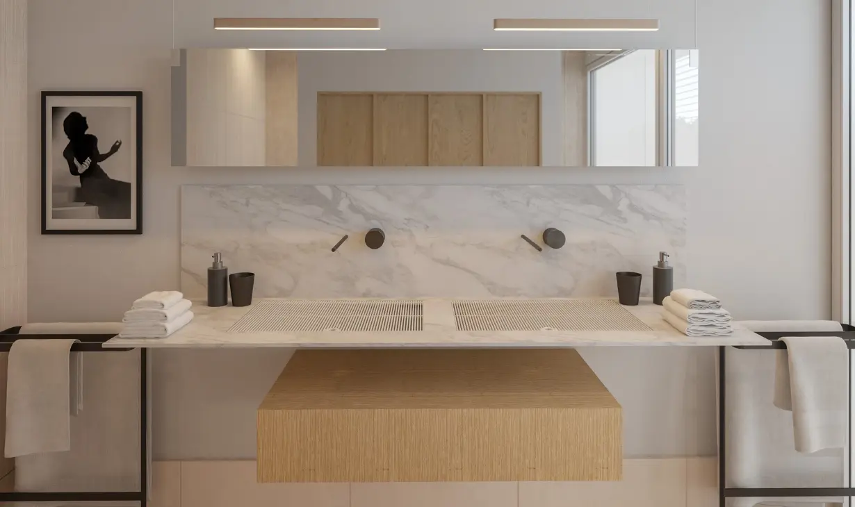 Modern bathroom with double sink vanity, marble surface and wood cabinetry in a turnkey interior design project