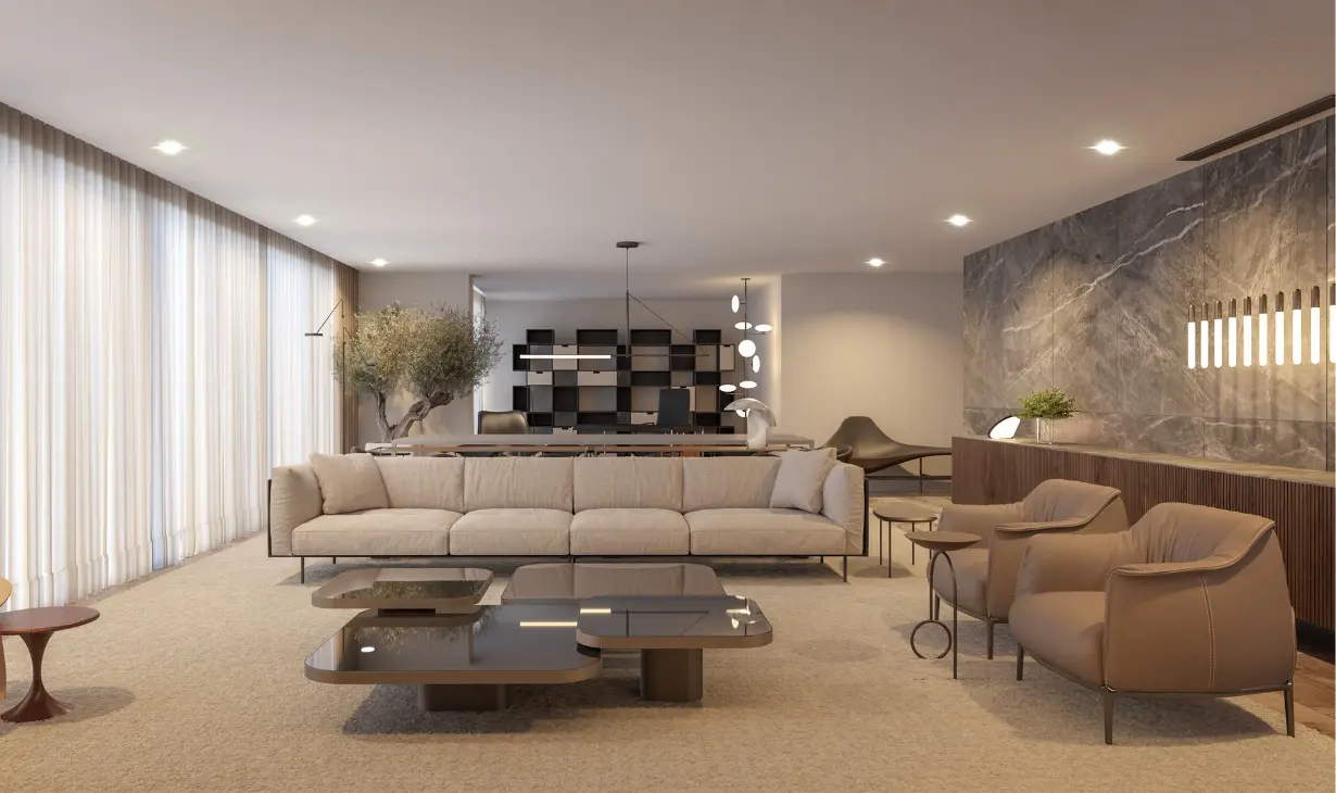 Open-plan living room with sofa, armchairs and integrated dining area, fully furnished turnkey interior design project