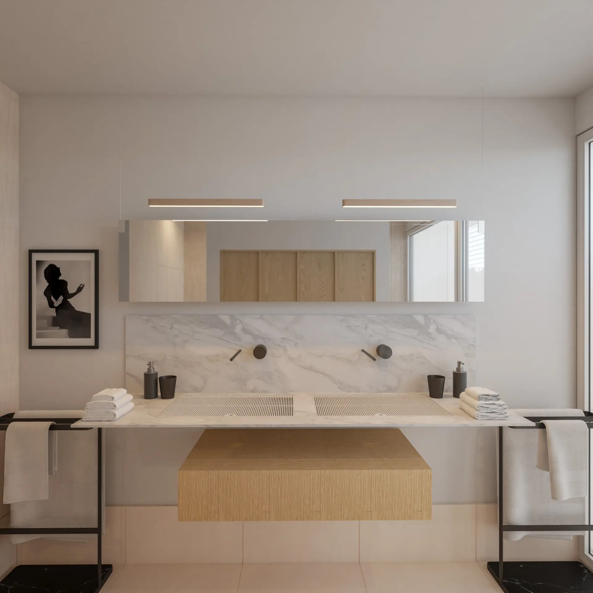 Contemporary bathroom with double vanity, marble surfaces and integrated lighting designed by an interior designer.