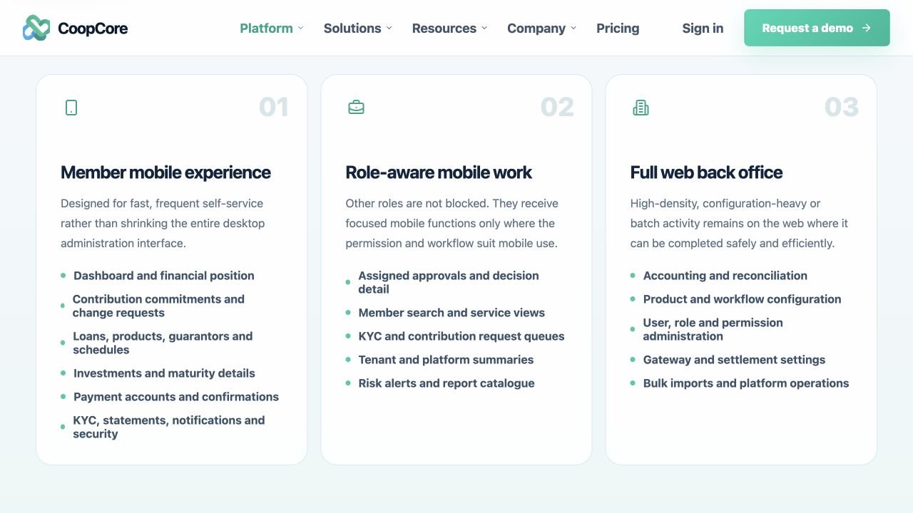 CoopCore member-experience overview showing member self-service, mobile operational work and the web back office.