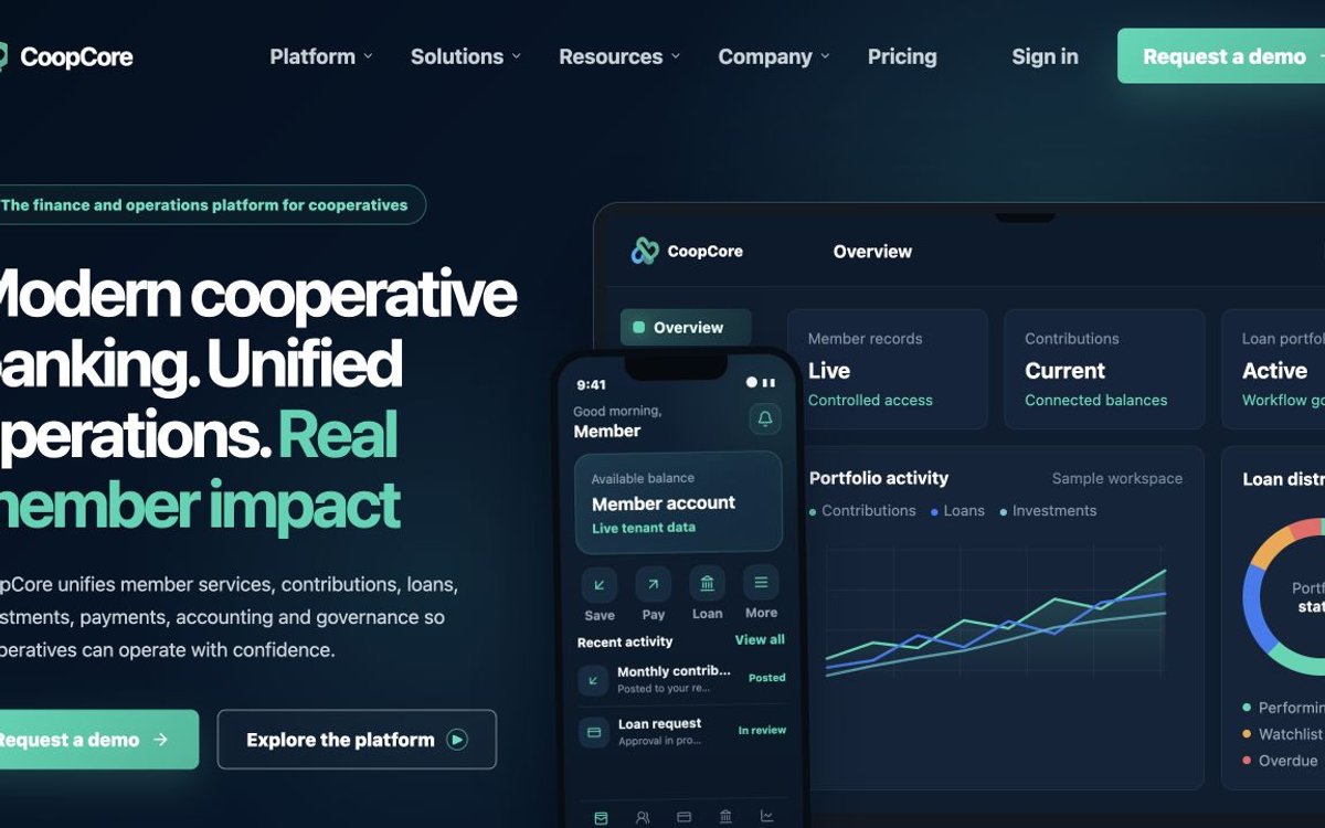 CoopCore product presentation illustrating the web dashboard and member mobile experience.