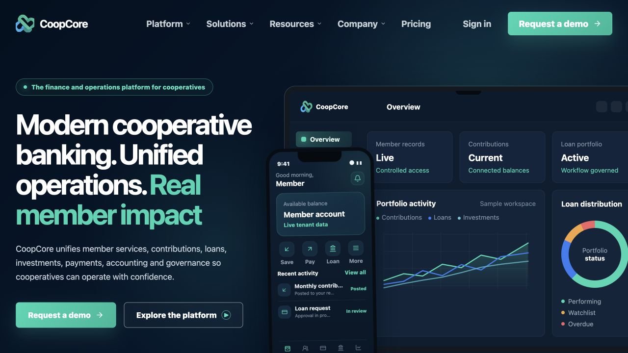 CoopCore product presentation illustrating the web dashboard and member mobile experience.