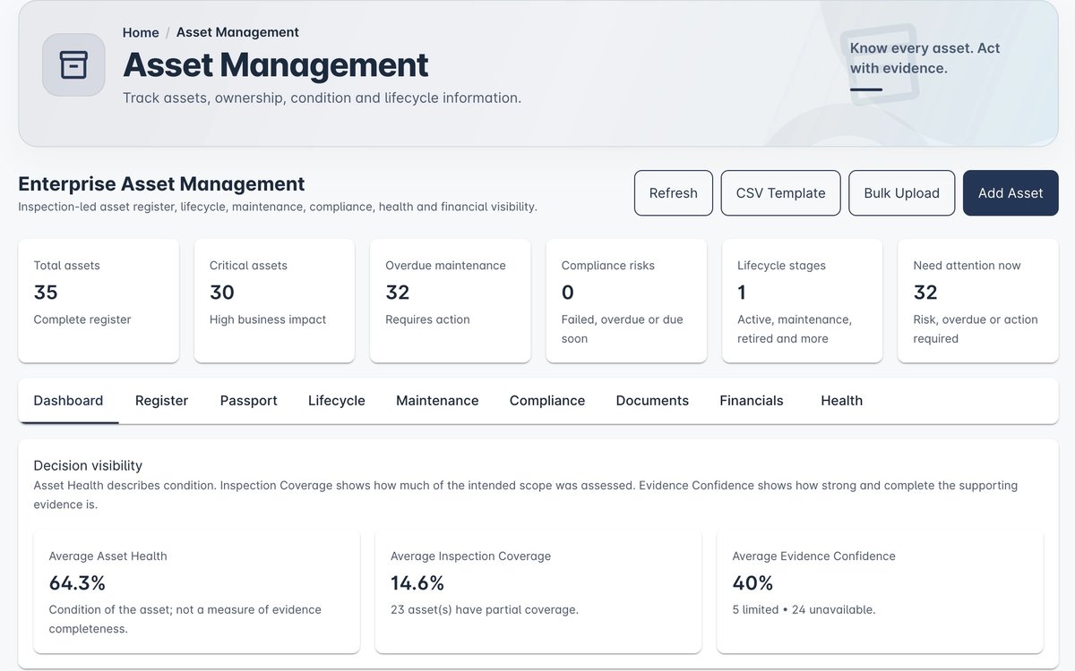 InspectAssets asset-management screen showing condition, inspection coverage and evidence confidence.