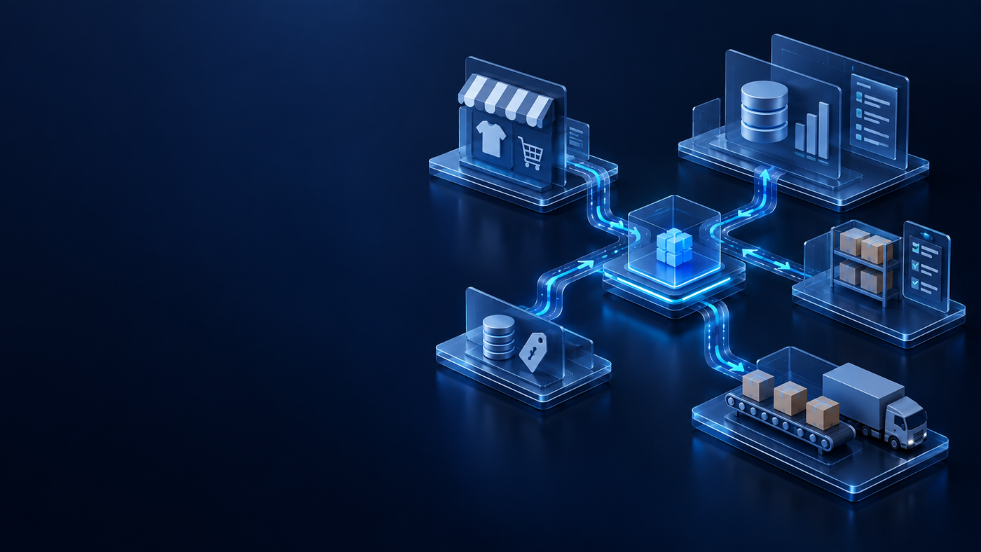 Abstract data flow connecting a commerce storefront, ERP, inventory, pricing and fulfilment systems