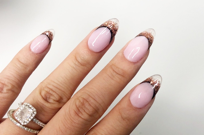 Black and Rose Gold Nails with Rhinestones