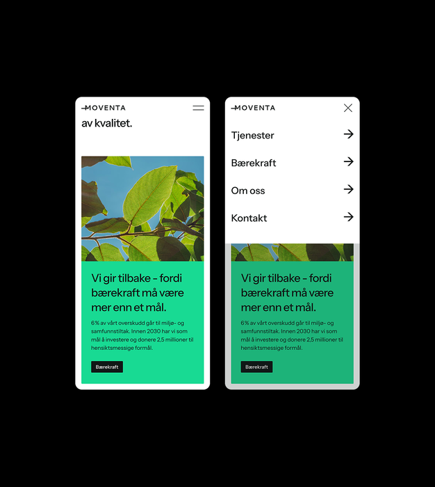 Design av mobilvisningen til moventa.no, viser en seksjon om bærekraft