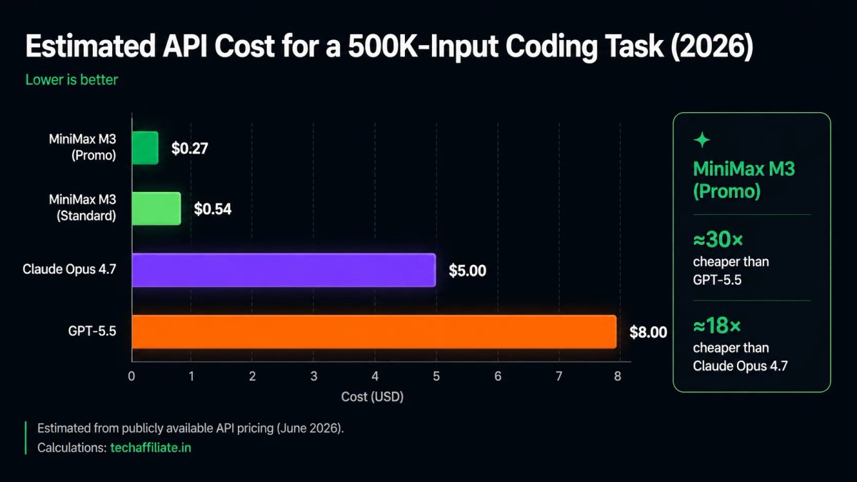 Horizontal bar chart comparing AI model cost per coding task in 2026 — MiniMax M3 at 0.27 dollars versus Claude Opus 4.7 at 5 dollars and GPT-5.5 at 8 dollars for a 500K token input task