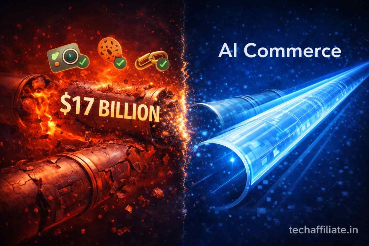 Visual metaphor showing broken traditional affiliate marketing pipeline with cookies pixels and URL tracking worth 17 billion dollars versus sleek AI commerce tunnel bypassing all tracking