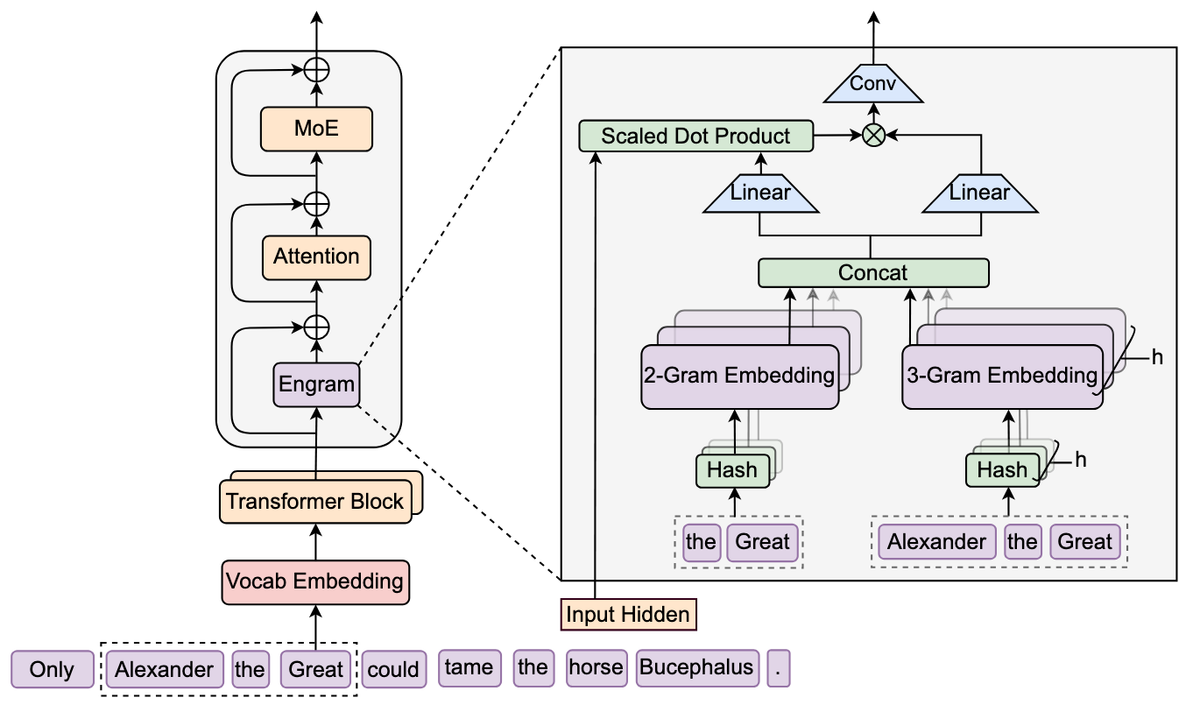"DeepSeek Engram architecture diagram showing N-gram embeddings retrieved via hash lookup and fused with hidden states through context-aware gating