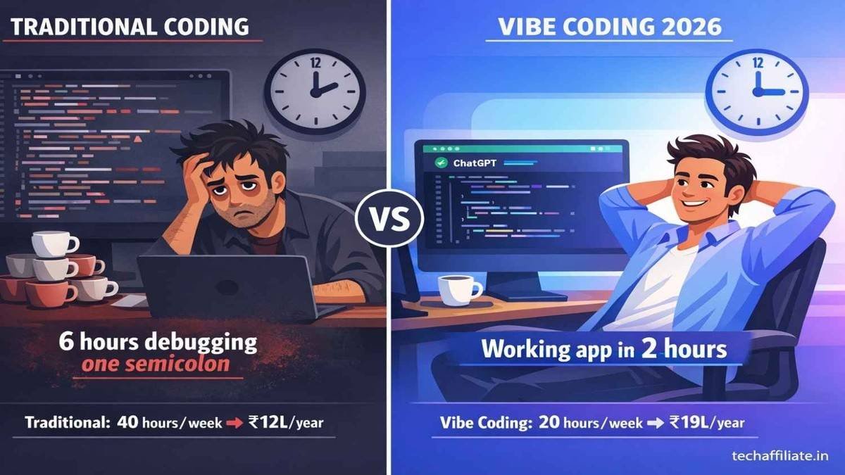 Traditional coding 6 hours debugging vs vibe coding 2 hours working app comparison showing 56 percent salary increase