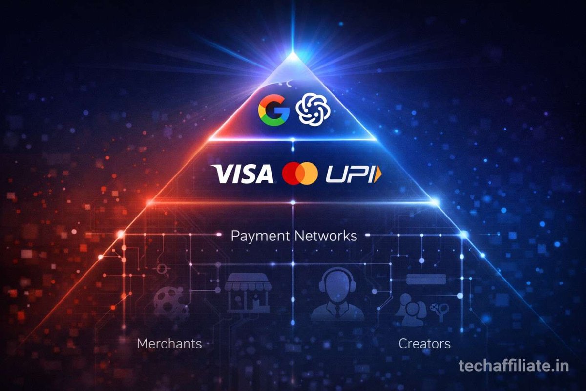 Power hierarchy pyramid showing AI platforms like Google and OpenAI at top controlling recommendations, payment networks Visa Mastercard and UPI in middle, and merchants and creators at bottom losing leverage