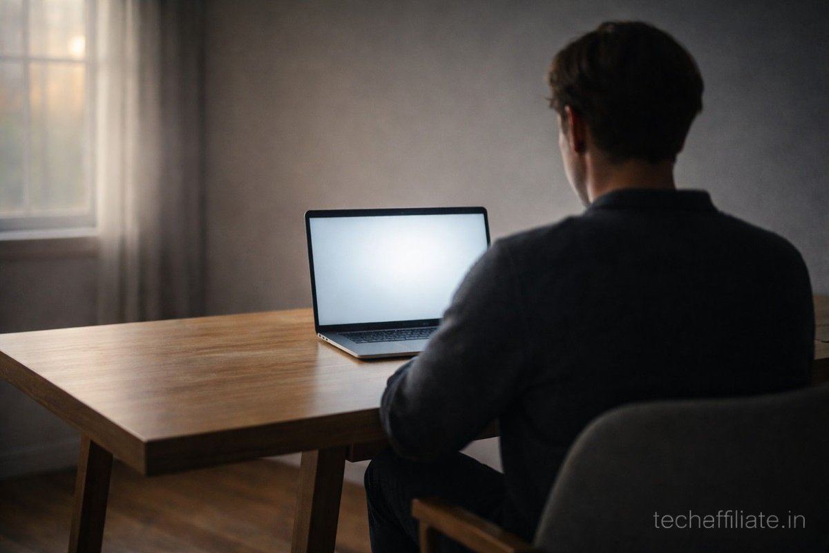 Person working at laptop from behind in minimal room with glowing screen representing invisible digital decision-making systems