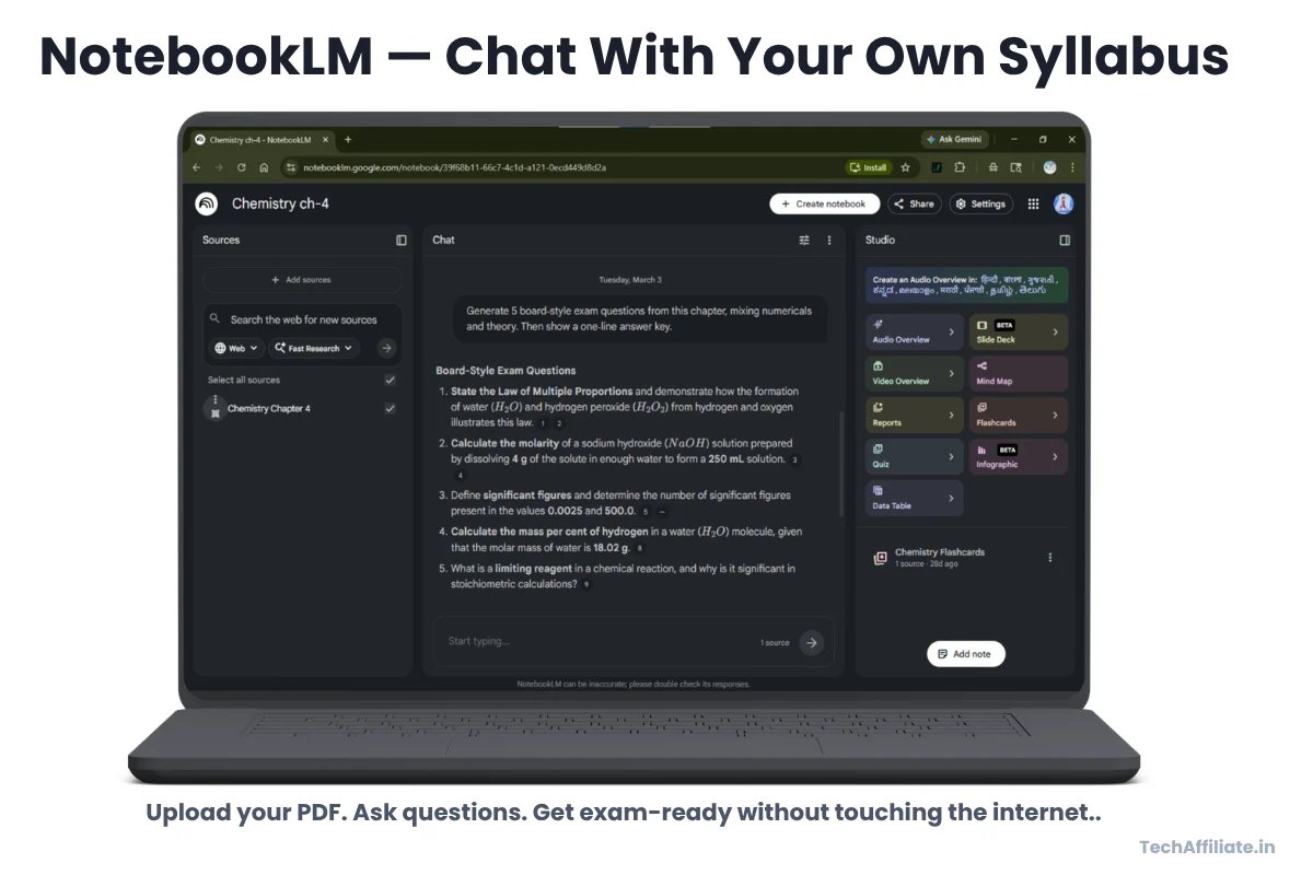 NotebookLM interface showing uploaded PDF and AI chat window for Indian students revision