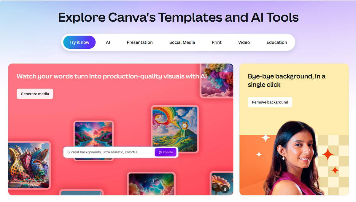 Canva design tool interface with templates for presentations and social media