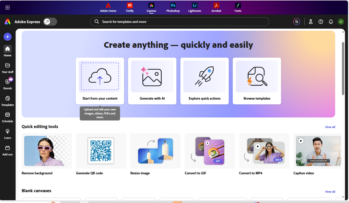 Adobe Express design tool showing templates for graphics and social media content