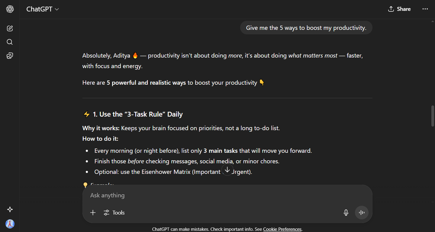 ChatGPT AI assistant conversation interface helping with questions and tasks