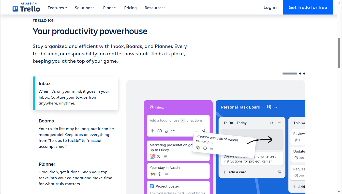 Trello project management board with Kanban cards and task lists