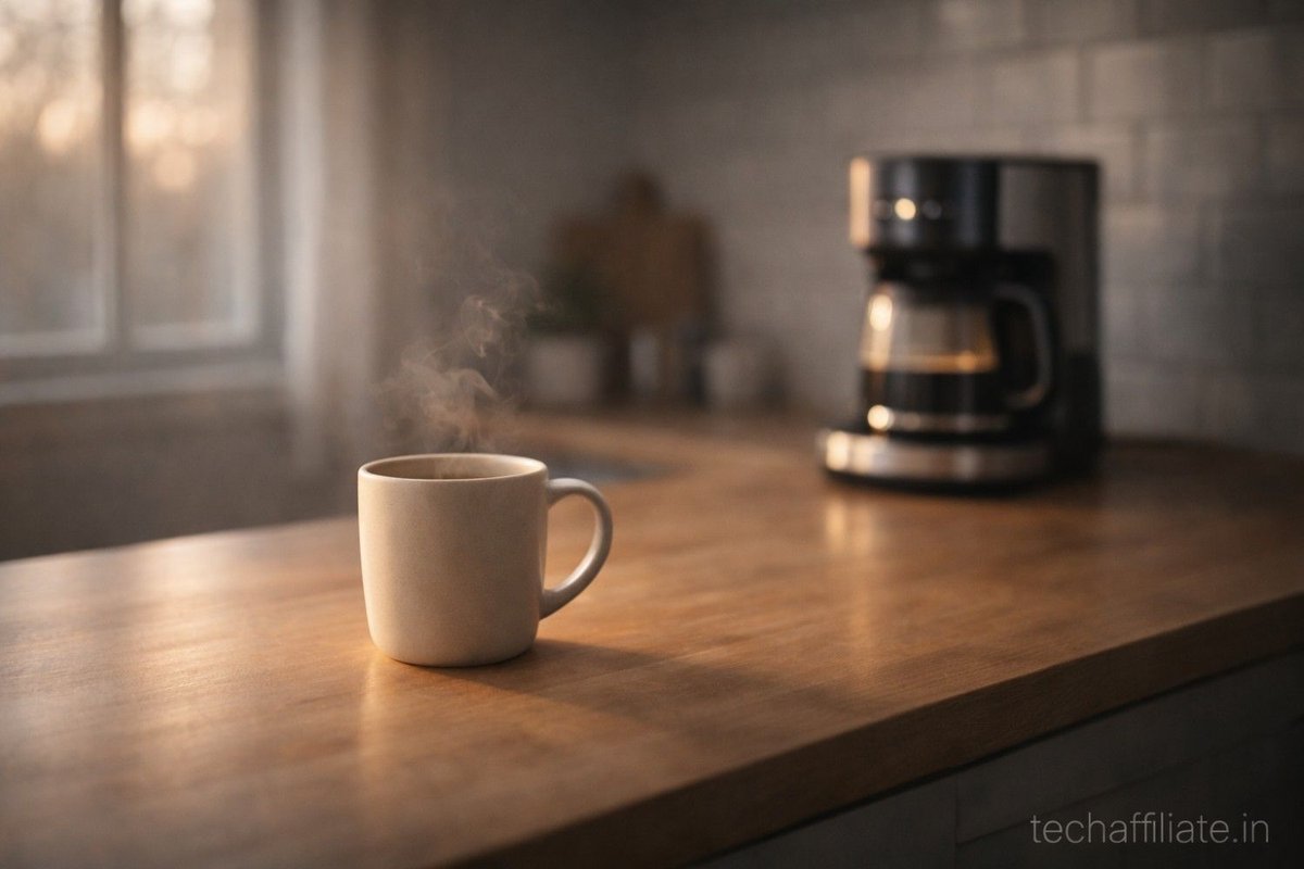 Steaming coffee mug on wooden kitchen counter with smart coffee maker softly blurred in morning light