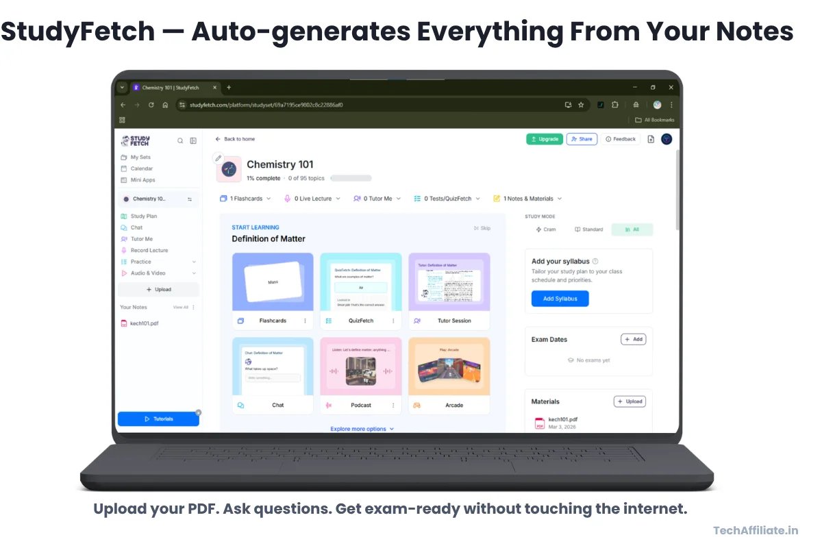 StudyFetch interface showing auto-generated flashcards quizzes and study modes for Indian students