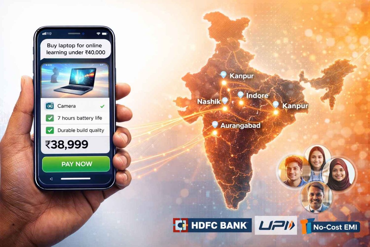 Smartphone showing AI shopping interface for laptop purchase with India map highlighting Tier 2 and Tier 3 cities including Nashik Kanpur Indore Aurangabad with HDFC UPI and No-Cost EMI integration