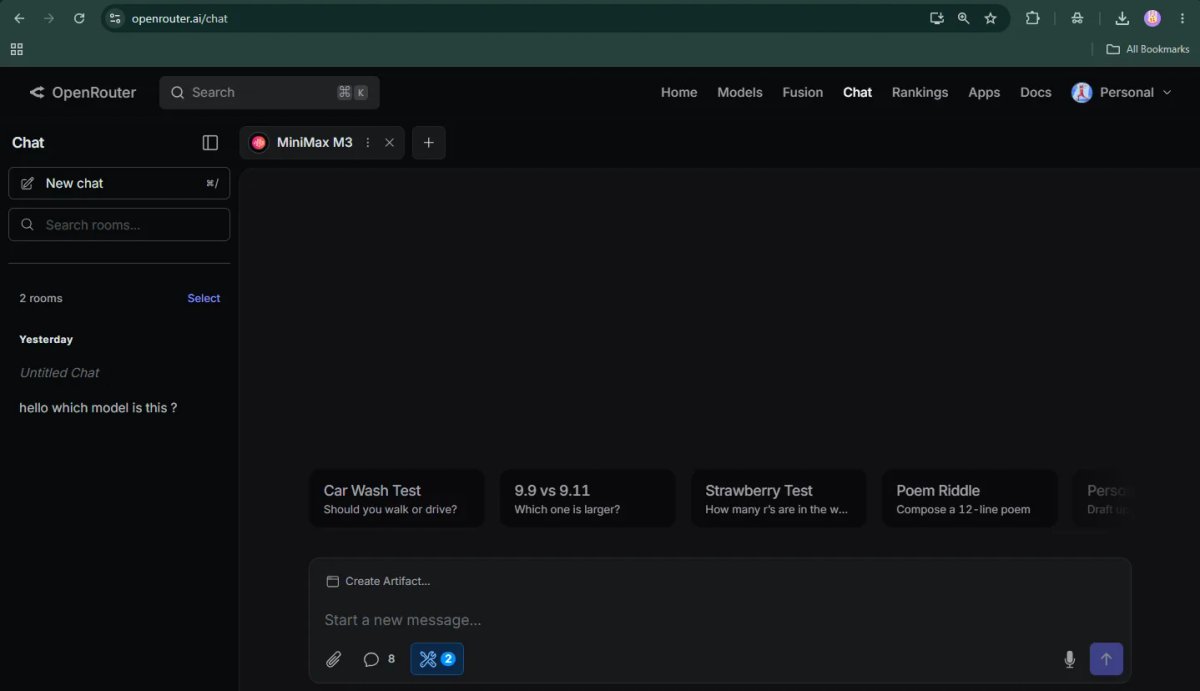 OpenRouter playground with MiniMax M3 model selected showing model ID minimax slash minimax-m3 at 0.30 dollars per million input tokens with free trial credits, June 2026