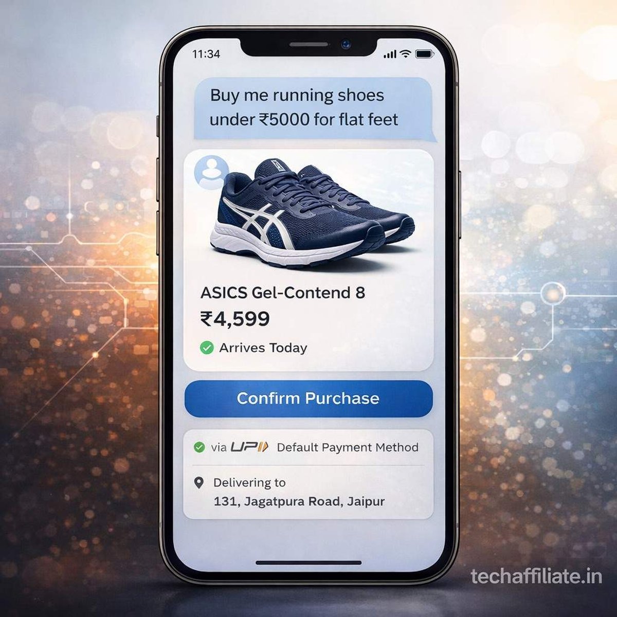 Realistic AI shopping assistant interface on iPhone showing running shoes query, ASICS Gel-Contend 8 recommendation at rupees 4599, arrives today delivery, UPI payment and Jaipur address confirmation