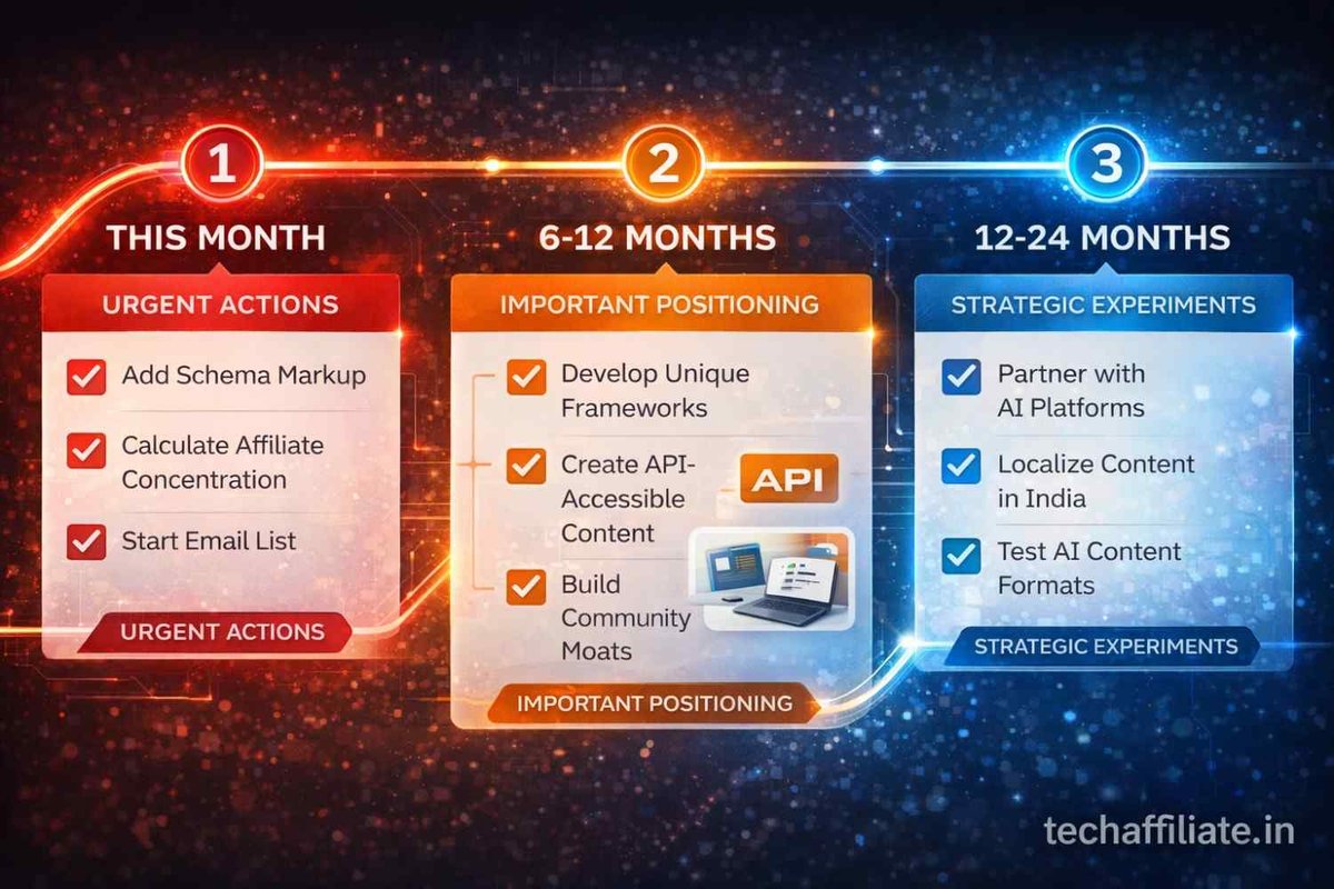 Three-phase affiliate marketer adaptation roadmap showing urgent actions this month, important positioning in 6-12 months, and strategic experiments in 12-24 months with color-coded priorities