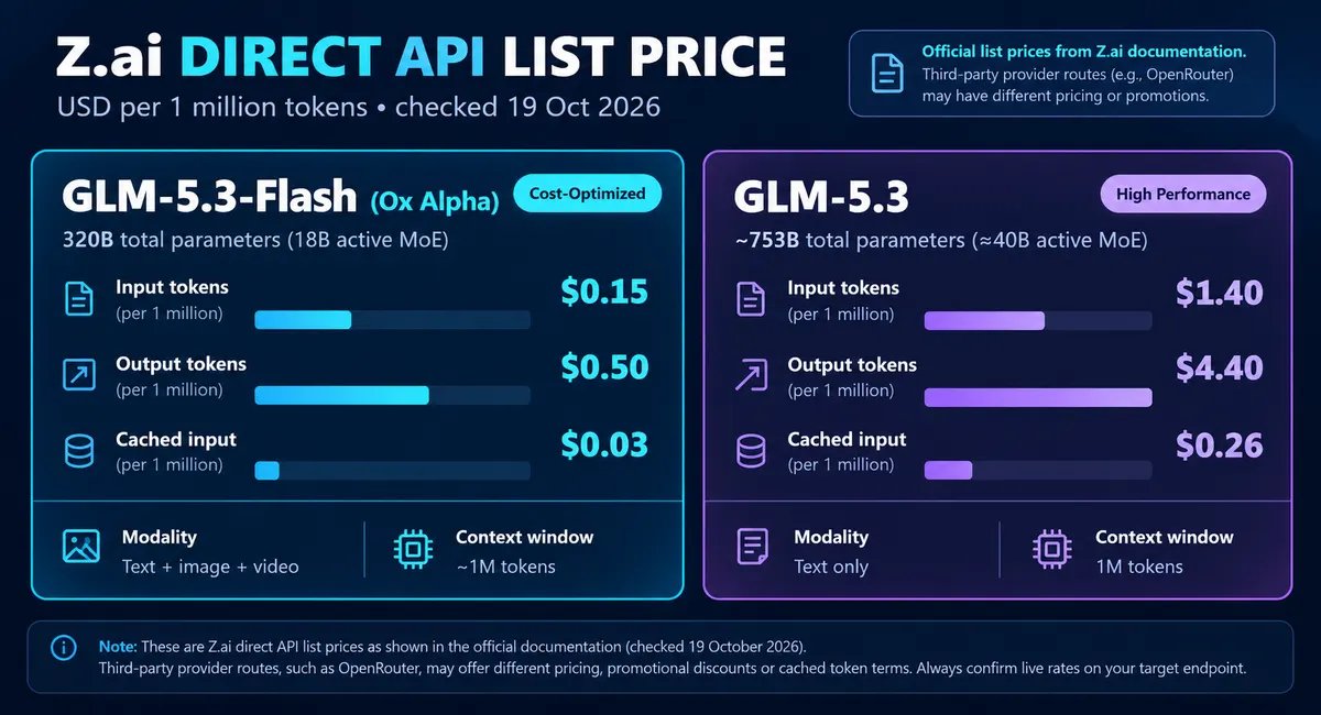 Chart comparing Z.ai's direct API prices per million tokens for GLM-5.3-Flash and GLM-5.3.