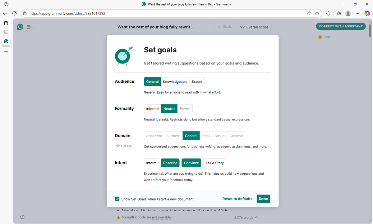 Grammarly writing assistant interface checking grammar and spelling mistakes