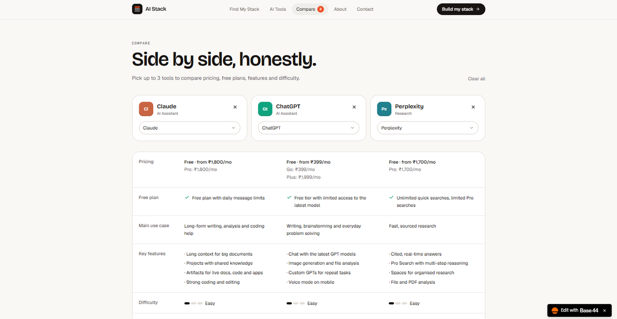 Base44 comparison page showing three AI tools selected side by side.