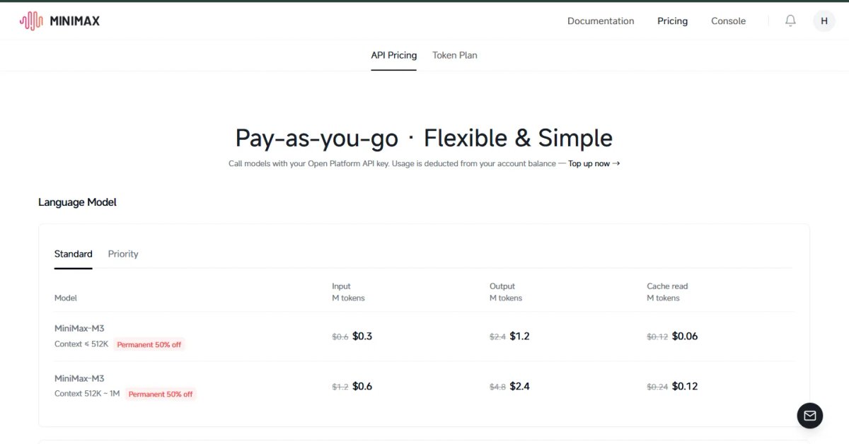 MiniMax M3 API setup on platform.minimax.io showing API key creation and official pricing for MiniMax M3 access in 2026