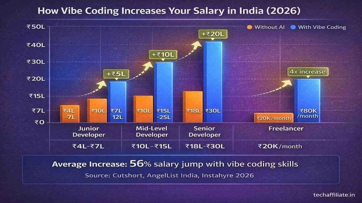 Indian developer salary chart vibe coding vs traditional Junior 4L to 12L Mid 10L to 25L Senior 18L to 50L Freelancer 4x jump