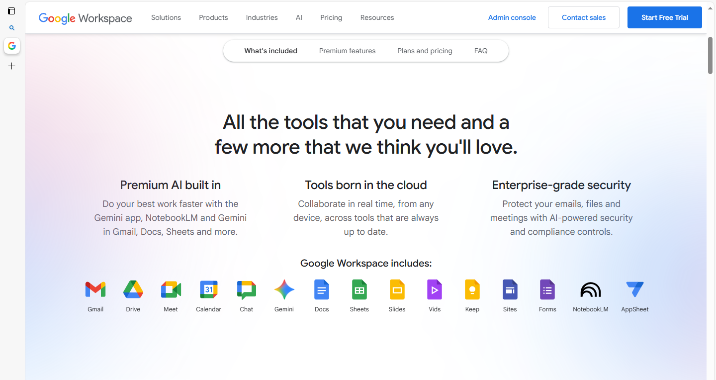 Google Workspace productivity suite showing Docs, Sheets, Slides, and Drive