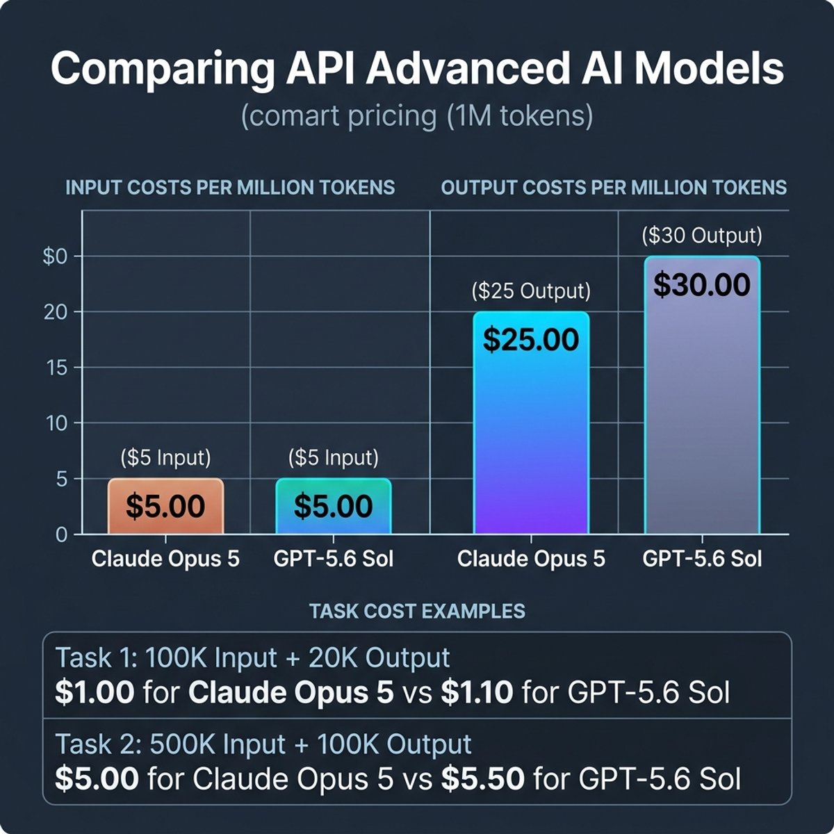 Claude Opus 5 and GPT-5.6 Sol API input and output pricing comparison