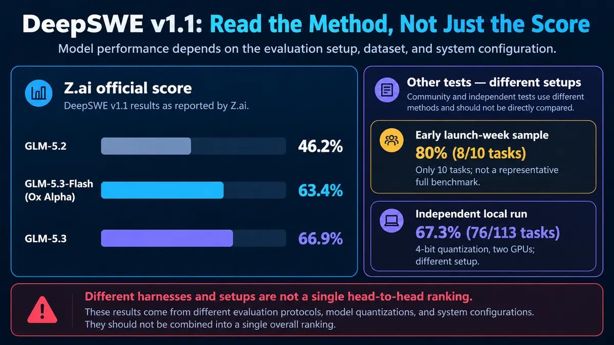 Benchmark graphic distinguishing Z.ai-reported DeepSWE v1.1 scores from small-sample and independent community tests.
