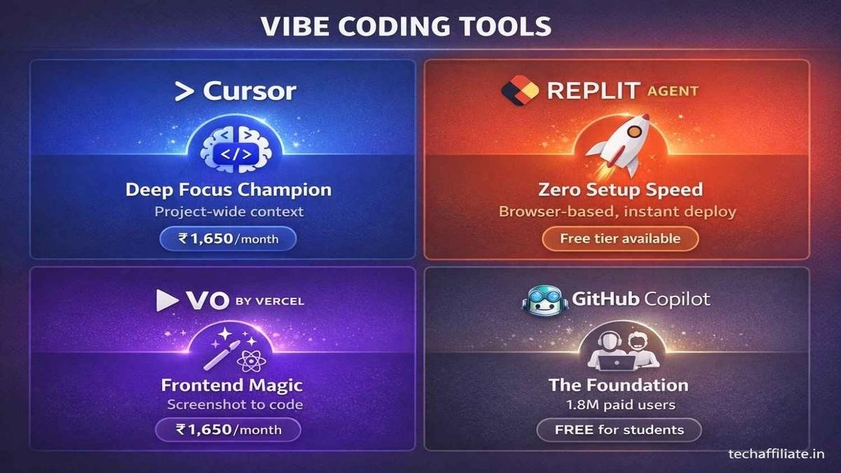 Four vibe coding tools Cursor Replit Agent V0 by Vercel GitHub Copilot with pricing and features for Indian developers