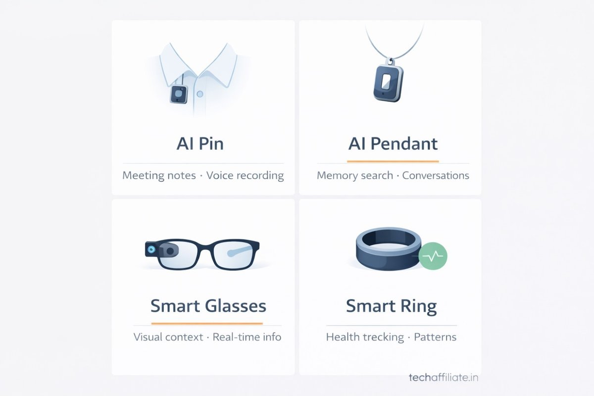 Four quadrant grid showing AI wearable device types: AI Pin clipped to shirt collar with meeting icon, AI Pendant necklace with audio wave and brain icons, Smart Glasses with camera and eye icon, Smart Ring with heart rate monitoring icons