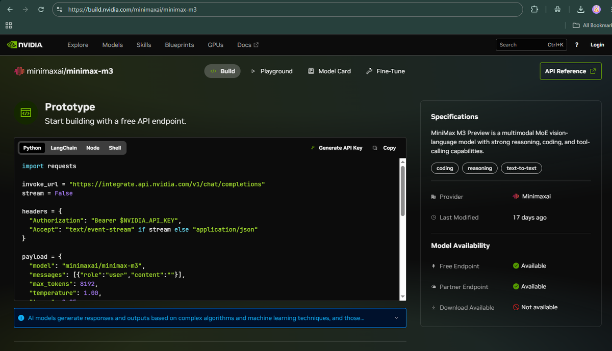 Nvidia minimax m3 free api endpoint for individuals