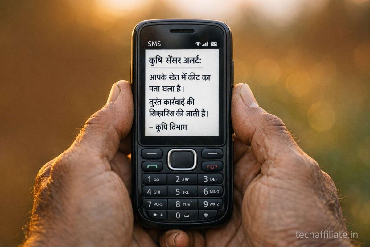 Feature phone displaying agricultural pest alert in Devanagari script held by farmer's hands at golden hour in rural India