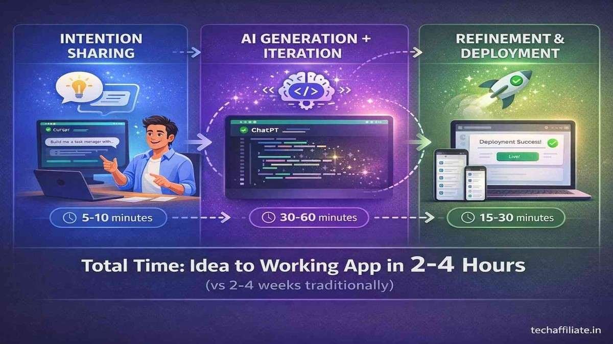 Three stage vibe coding workflow intention sharing AI code generation deployment 2-4 hours idea to working app