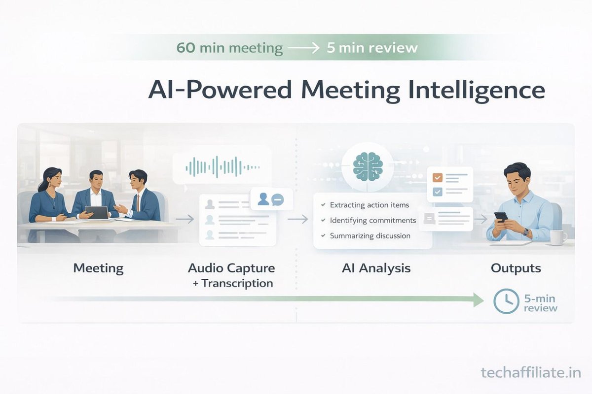 AI meeting intelligence workflow showing 60-minute meeting reduced to 5-minute review through automatic transcription, analysis, and output generation