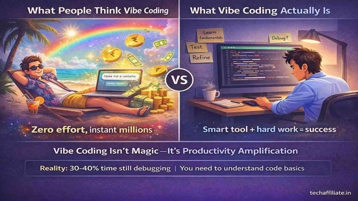 Vibe coding expectations vs reality comparison zero effort beach versus focused work debugging testing