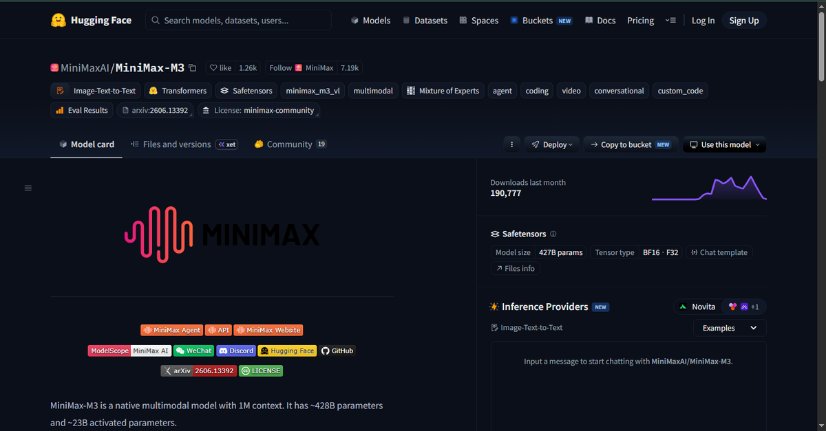 MiniMax M3 official Hugging Face model card at huggingface.co/MiniMaxAI showing 428 billion parameter open-weights files available for download under MiniMax Community License, June 2026