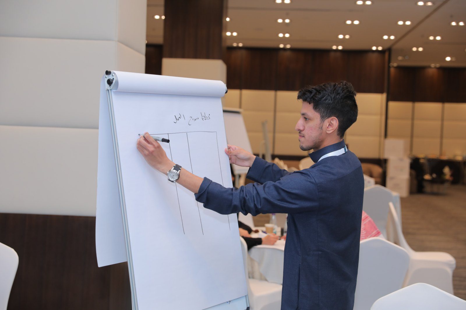 A participant mapping out his team's business model on a flip chart
