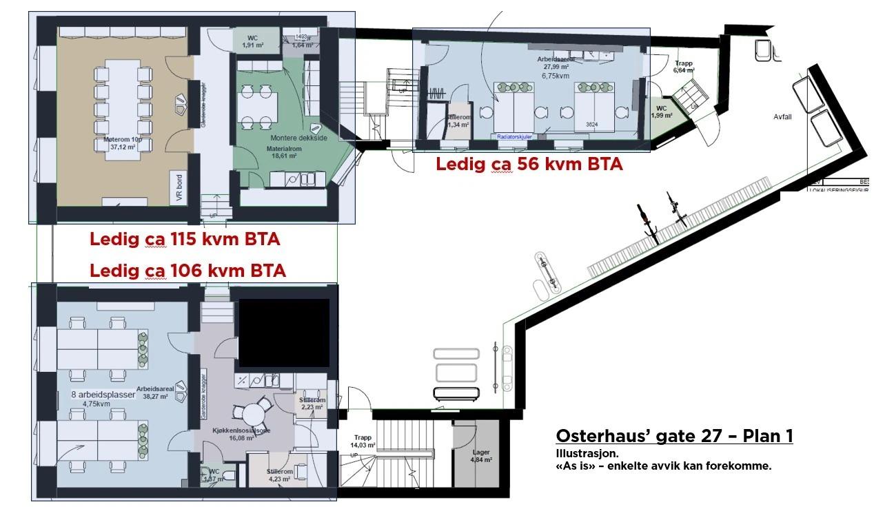 Kontor til leie for 4-8 ansatte på 106 kvm i Oslo sentrum - Plantegning