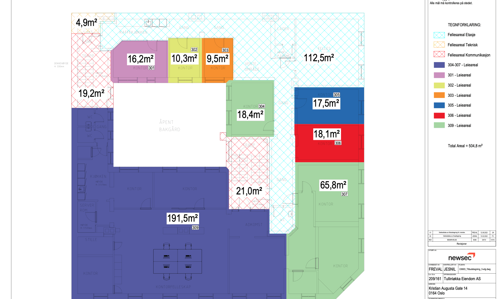 Lyst og innredet kontor for 2 ansatte – alt inkludert - Plantegning
