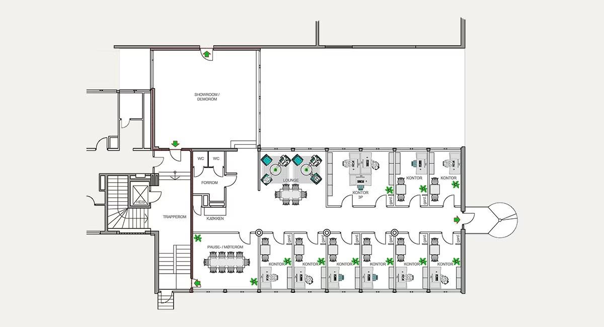Lyst og funksjonelt kontorlokale på Alnabru – 318 kvm - Plantegning