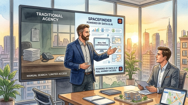 What sets Spacefinder apart from traditional commercial brokers?